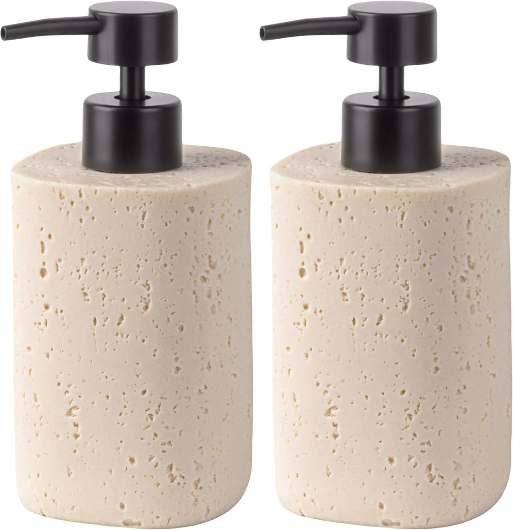 2 Pack Beige Resin Soap Dispensers, Refillable Liquid Lotion Dispenser Bottles with Travertine-Look for Bathroom and Kitchen Countertop, Modern Stone Texture (10.8 Oz)