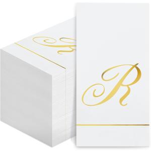 Pasimy 100 Pcs Initial Napkins Monogram Guest Napkins Gold Letter Paper Towels Disposable Elegant Dinner Towels for Wedding Bridal Shower Holiday Birthday Party Tableware Decor(R Letter)