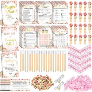 Sherr 476 Floral Baby Shower Games 6 Sets Activities Floral Card Pacifier Hunt Game 50 Pacifier How Big Is Mommy Belly Sign 50 Guessing Card 2 Measuring Tape Don't Say Baby Sign 50 Clothespin (Pink)