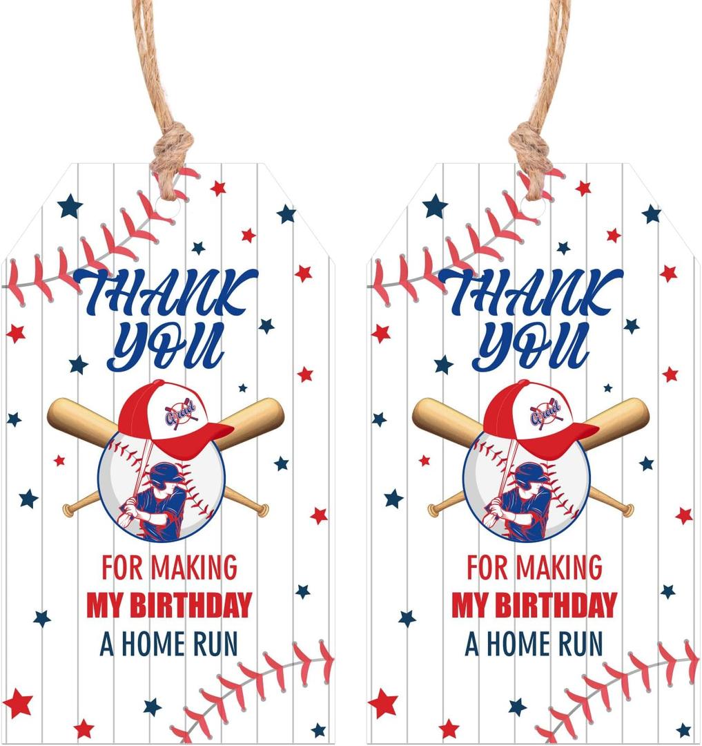 Serencatcher Baseball Thank You Tags with String, 50pcs Baseball Party Favors Thank You for Making My Birthday A Home Run Gift Bag Tags for Sports Themed Baseball Birthday Party Decorations