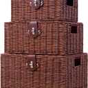Set of 3 Woven Wicker Storage Basket Box with Lids & Lock, Built-in Carry Handles, Multifunctional Storage Organizer for Nursery, Baby, Clothes, Toys, Books, Large/Medium/Small Size (Natural)