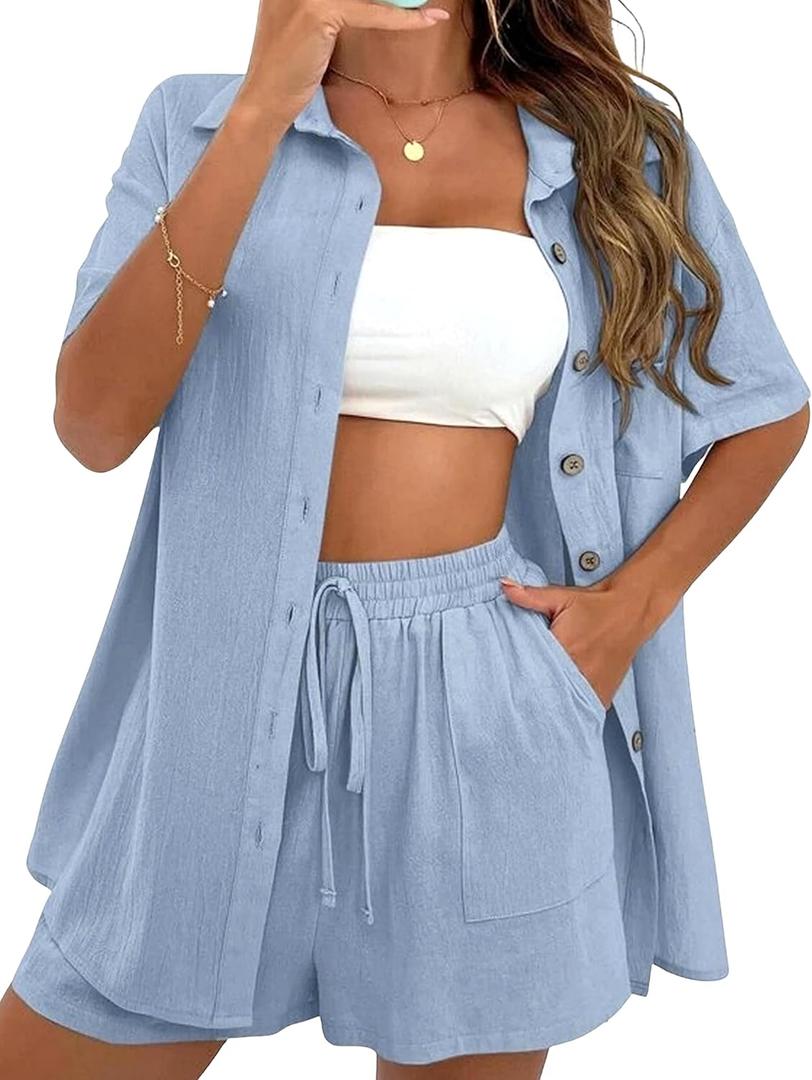 APAFES Women Summer Cotton Linen Short Sets 2 Piece Shorts Top Lounge Beach Vacation Two Piece Outfits Tracksuits (X-Large, Blue) APAFES Women Summer Cotton Linen Short Sets 2 Piece Shorts Top Lounge Beach Vacation Two Piece Outfits Tracksuits (X-Large, Blue)