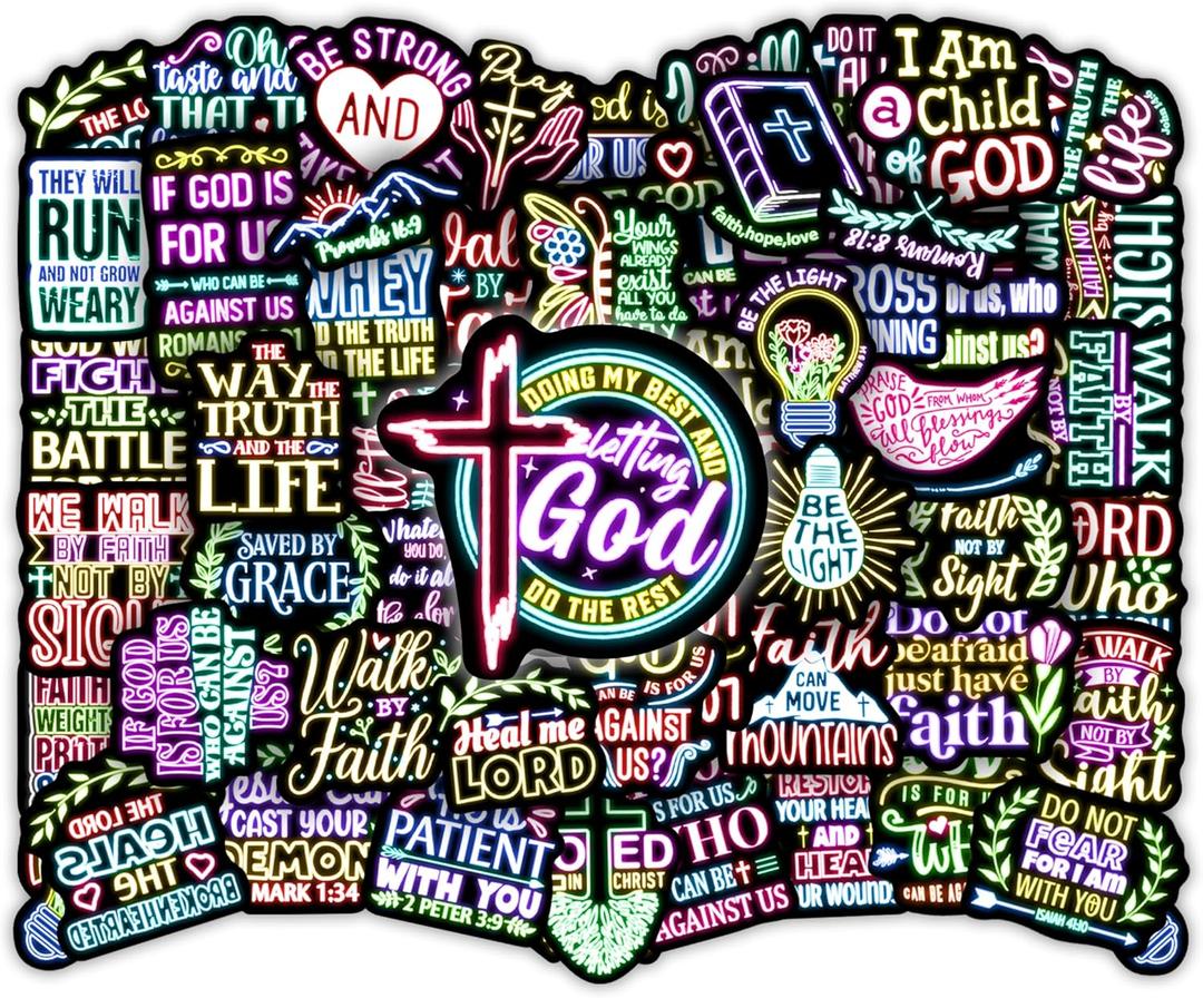 50 Pcs Jesus Christian Bible Stickers for Kids, Neon Christ Faith Vinyl Waterproof Water Bottle Laptop Decals, Teens Adults Religious Christianity Christmas Easter Thanksgiving (Bible-pvc-163kshr)