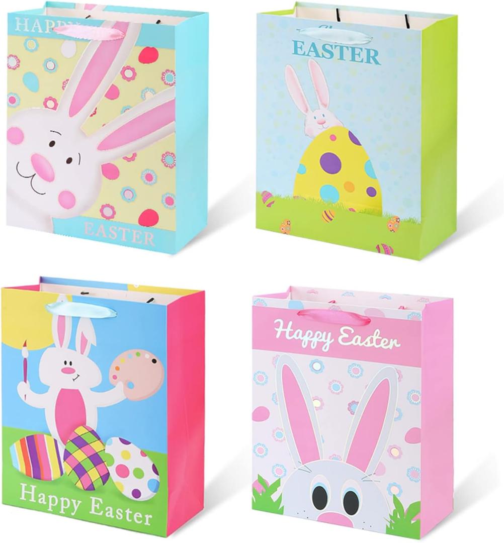 Vammy 13" Large Easter Gift Bag with Handles, 4 Pack Paper Gift Bags (Cute Rabbit, Colorful Eggs, Happy Easter) for Egg Hunts, Party Favors and Kids Presents