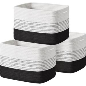 Homsort Woven Rope Basket Set - 12x10x9 Inches Decorative Storage Bins for Home, Laundry (3 Pack White & Black) Handles