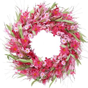 Sggvecsy 21in Artificial Pink Forsythia Wreath Spring Summer Fake Daisy Wreath Handmade Wreath with Daisies Lavender for Gifts Festival Front Door Window Wall Farmhouse Decor