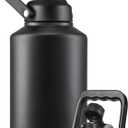 Insulated Gallon Water Bottle Jug with Straw, 128 oz Large Stainless Steel Sports Metal Water Canteen With Handle, Thermal Water Cup Mug with 2 Lids, Midnight Black
