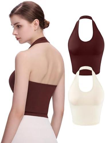 Eleplus 2 Pieces V Neck Halter Crop Tanks Tops for Women Backless Going Out Tops Workout Sport Bra Pack of 2 S/M