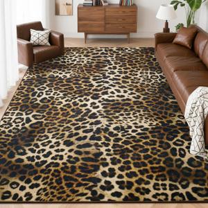 Foxmas Leopard Area Rugs for Living Room, 4x6 Feet Machine Washable Cheetah Print Rug, Non-Slip Indoor Floor Animal Rug, Carpet for Bedroom Dining Room Laundry Room Kitchen Home Office, Dark Brown