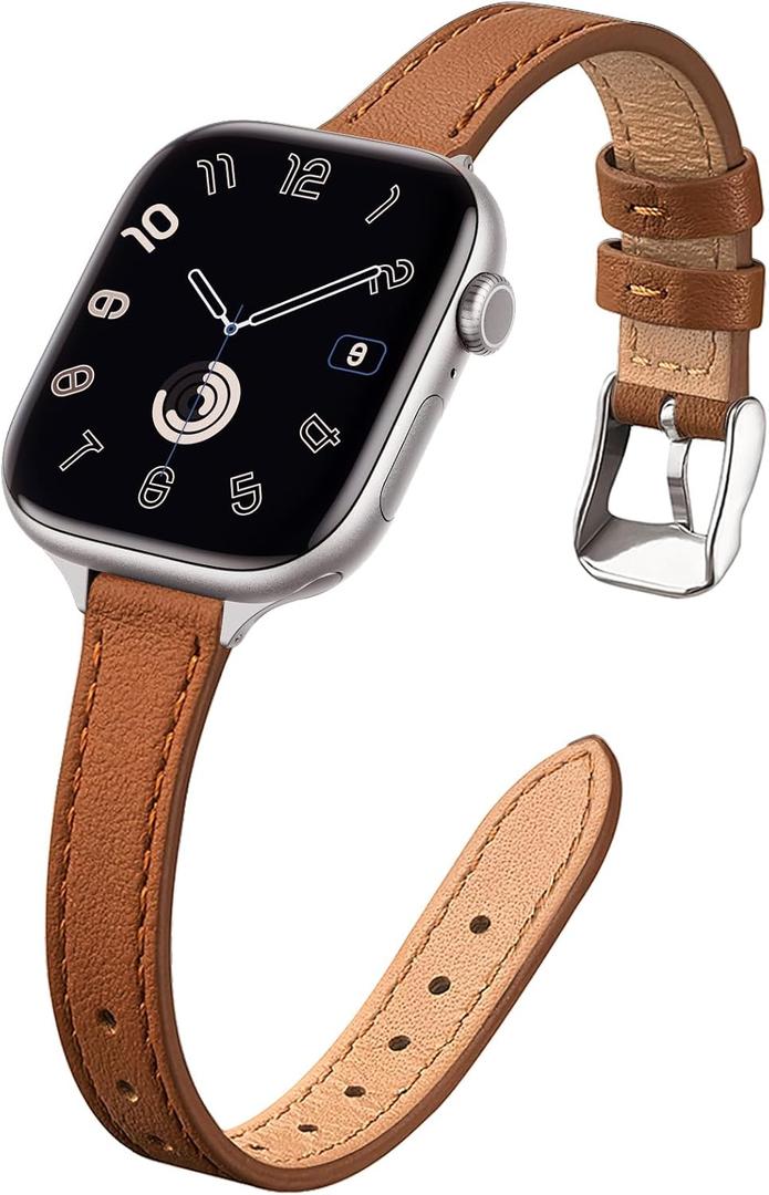 STIROLL Slim Leather Bands Compatible with Apple Watch Band 38mm 40mm 41mm 42mm, Top Grain Leather Watch Thin Wristband for iWatch Ultra SE Series 10 (Brown with Silver)