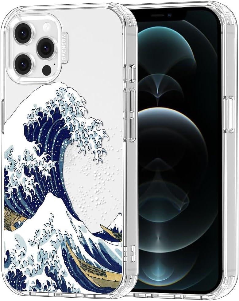 MOSNOVO Case for iPhone 12 & iPhone 12 Pro, [Buffertech 6.6ft Military-Grade Drop Protection] [Anti Peel Off Tech] Clear TPU Bumper Phone Case Cover Design - Great Wave