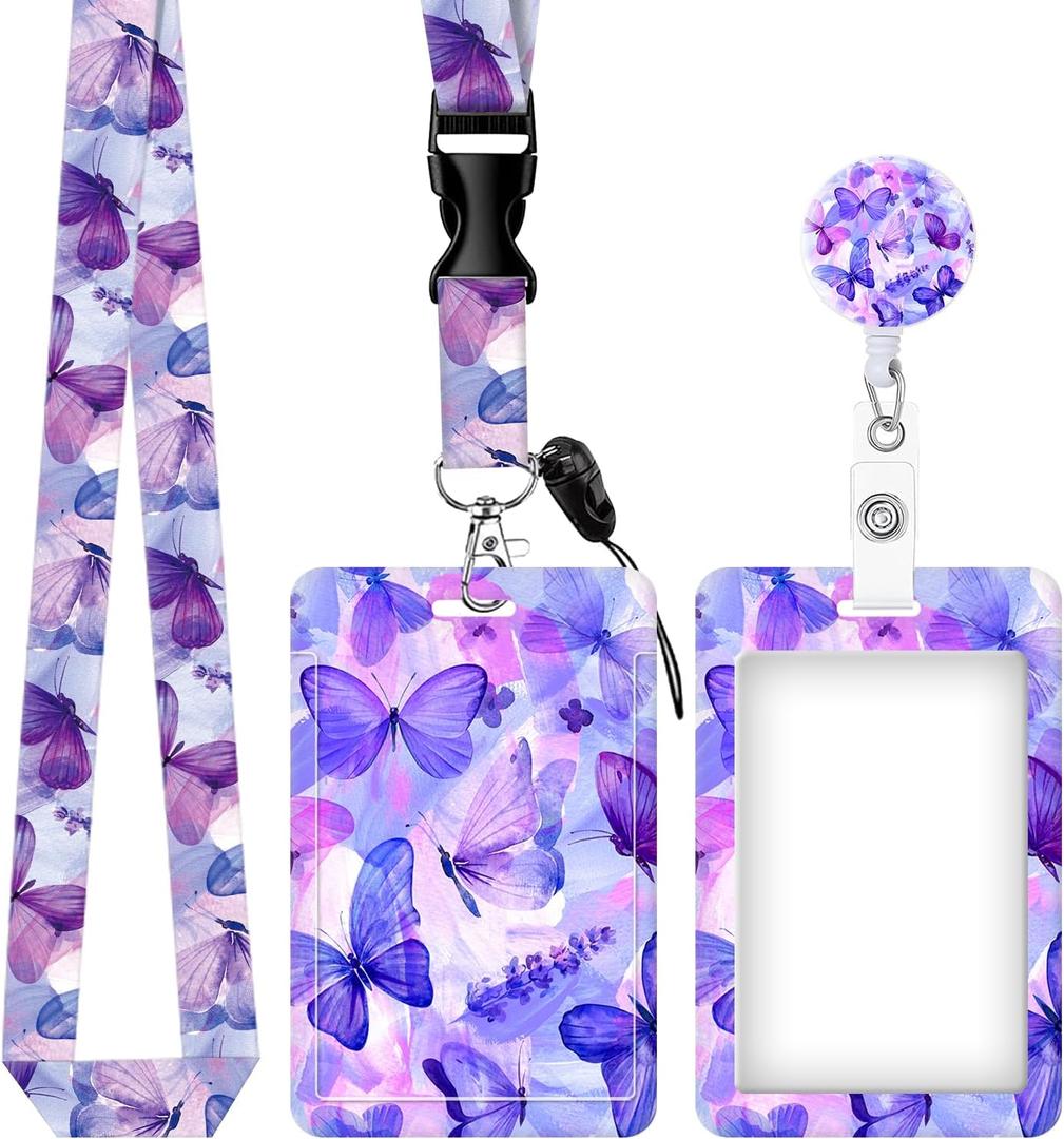 ID Badge Holder with Retractable and Detachable Lanyard, Cute Badge Reel Breakaway Lanyard with Carabiner Clip for Women, Teachers, Nurses, Students, Perfect Work and Office(Blue Purple Butterfly)