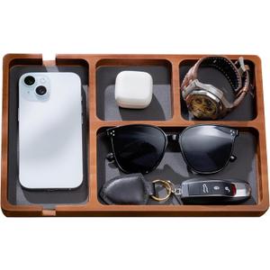 Shinpuru Wooden Valet Tray with Leather Inlay - Nightstand & Desk Organizer - EDC Essentials Catchall Tray for Keys, Phone, Wallet, Watch, Earbuds - Stylish Storage (Wood)