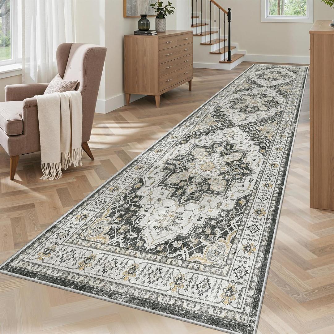 Madane Hallway Runner Rug 2'6''x10' Kitchen Runner, Non Slip Vintage Runners for Hallways Washable Kitchen Rugs Soft Low Pile 2.5x10 ft Rug Runner for Laundry Room, Entryway and Bedroom, Black