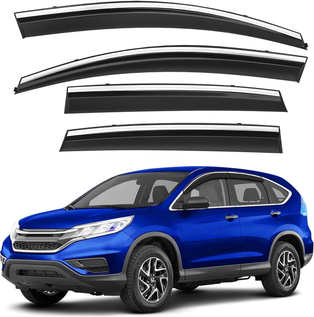 Shatterproof Tape-On Rain Guards for Honda CR-V 2012-2016 with Stainless Steel Chrome Trim, Out-Channel Window Deflectors Vent Window Visors Rain Sun Wind Guards Shade Deflectors, 4 pcs