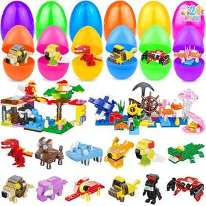 24 Pack Large Easter Eggs Filled with Stem Building Toys for Kids Easter Basket Essential 12 In 1 Sea Animals & Tropical Rainforest Building Blocks Basket Stuffers Fillers Boys Eggs Hunt Party Favor