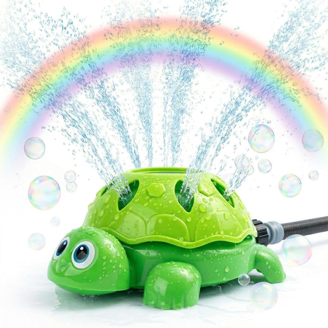 TOY Life 2-in-1 Turtle Sprinkler for Kids with Bubble Machine Kids Water Sprinkler for Yard, Outdoor Water Toys for Kids Ages 3-5 4-8, Rotating Backyard Sprinkler Toy for Outdoor Summer Water Play