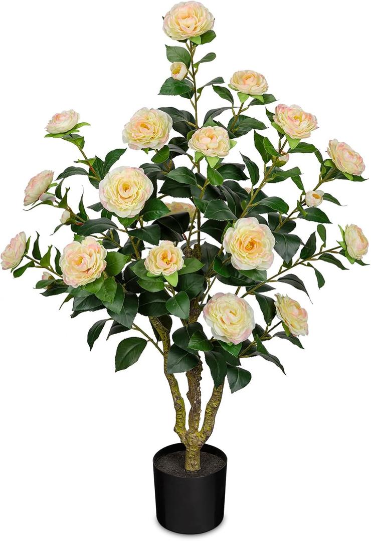 3ft Artificial Camellia Tree Fake Camellia Plant with Yellow Flowers Faux Floral Plant Blooming Tree in Black Pot for Indoor Outdoor Office Home Front Door Porch Decor (1 Pack - Yellow)