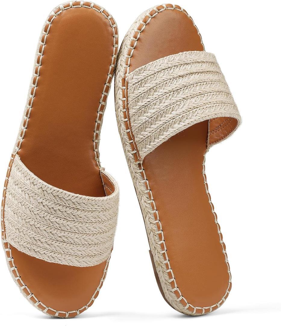 Tscoyuki Womens Flat Sandals Dressy Summer Slip On Resort Womens Sandals Raffia Beach Sandals Open Toe Espadrille Slides
