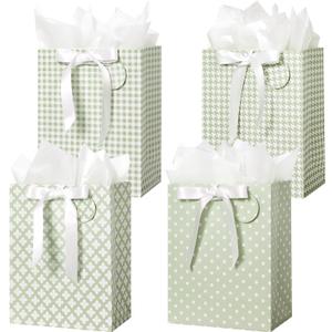 Crisky Sage Green Gift Bags Medium Size with Handles, Tissue Paper & Ribbon - 4 Pack 9"- Medium Gift Bags for Women Birthday Christmas Wedding Bridal Shower Graduation & New Year Gifts
