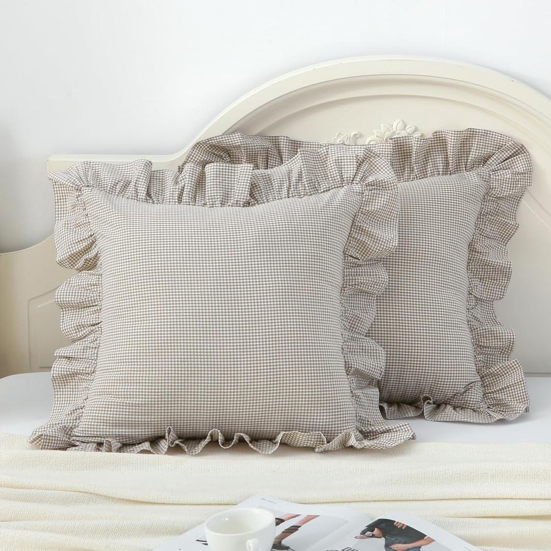 Brown/White Ruffle Plaid Throw Pillow Covers Farmhouse Checkered Gingham Pillowcases 24"x24" Pillow Shams for Couch,Sofa,Bed and Living Room