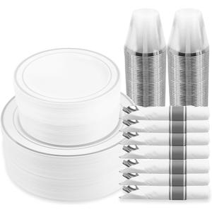 M MCIRCO 350 Piece Dinnerware Set,100 Silver Rim Plastic Plates, 50 Cups,50 Pre Rolled Napkins with Plastic Silverware, Disposable Dinnerware Set for 50 Guest, Silver