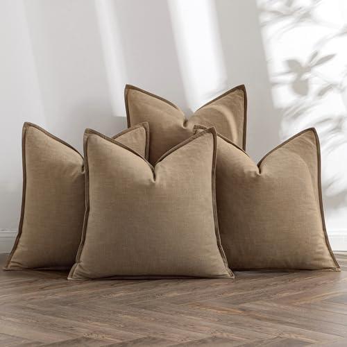 MIULEE Khaki Linen Pillow Covers Pack of 4 Decorative Natural Solid Throw Pillow Covers Soft Accent Boho Farmhouse Couch Pillowcases Modern Home Decors for Living Room Bed Sofa 18x18 Inch