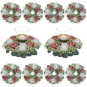BLOSMON Wedding Flower Rings Centerpiece: 10 Pcs 14 Inch Diam Large Dusty Pink White Rose Babys Breath Fake Flowers Candle Rings Wreaths for Home Party Table Decor Artificial Spring Floral Wreath