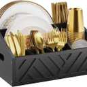 Paper Plate Dispenser for Party, Wood Outdoor Utensil Caddy for Parties, Paper Plate Holders Organizer for Countertop, Black Silverware Holder for Buffet Cutlery, Plates,Flatware, Utensils and Napkins