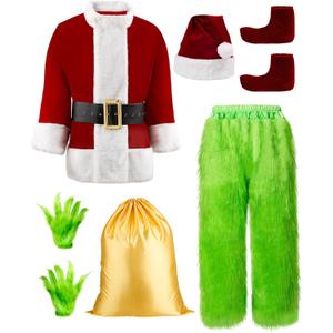 Halloween Costumes Adult Cosplay Christmas Green Santa Costume Funny Santa Suit for Men Santa Outfit (Large-X-Large)
