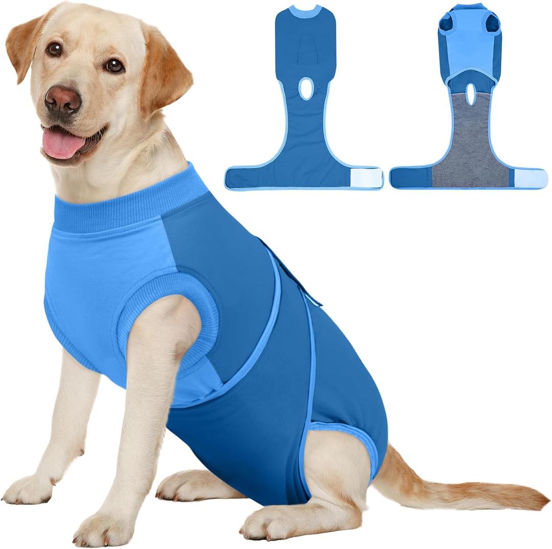 Kuoser Dog Recovery Suit Female, Dog Surgery Suit Male Neuter, Dog Body Suits After Surgery Anti Licking Pet Surgical Suit for Abdominal Wounds Skin Disease, Soft Dog Onesie Substitute Cone, Blue 2XL (XX-Large (Back: 24.8" - 29.5"; Weight: 70+ LB))