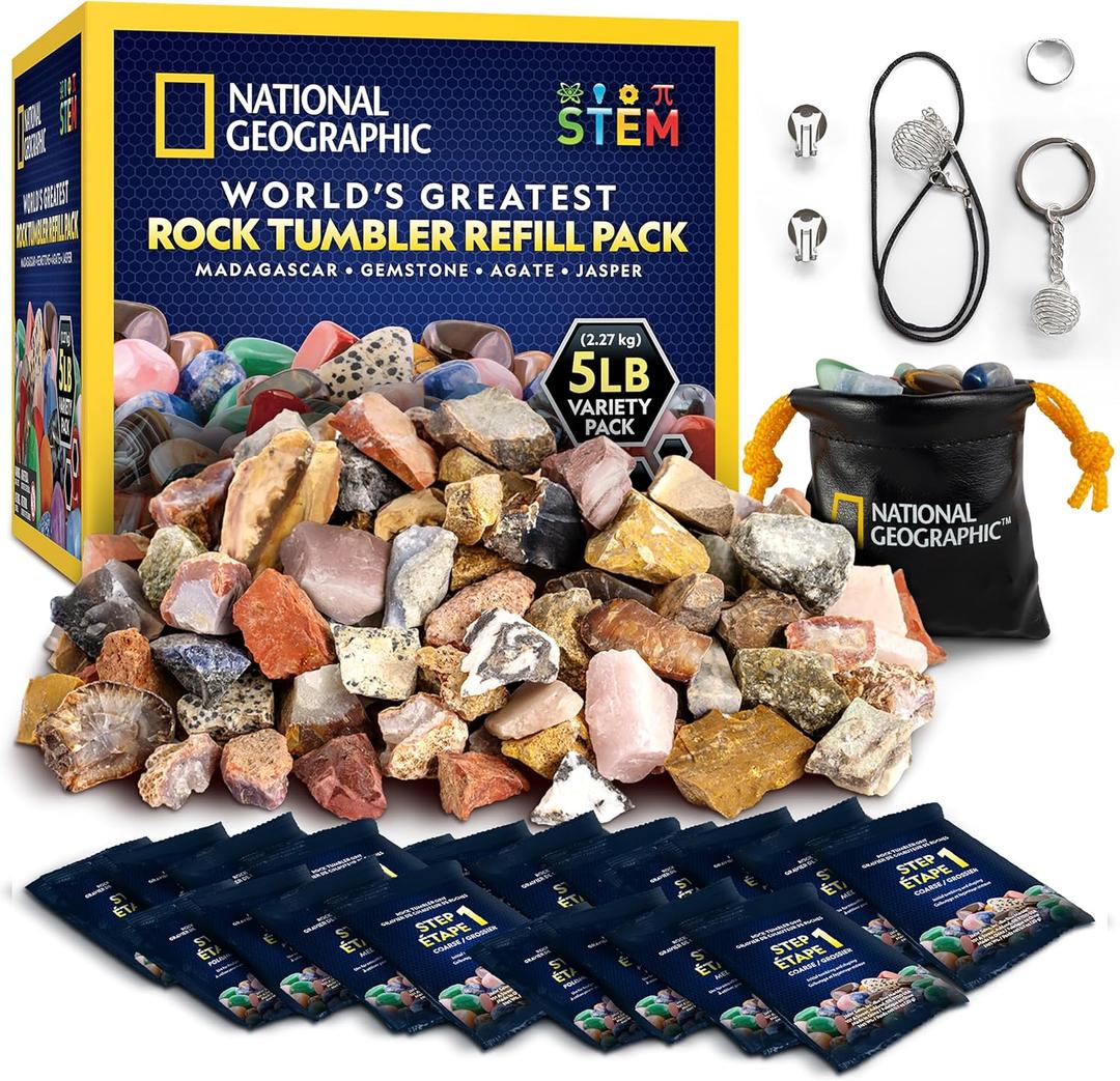 National Geographic Rock Tumbler Refill Kit - 5 lb. Mix of Rocks for Tumbling and Rough Gemstones - Rock Tumbler Supplies Include Rock Tumbler Grit and Polish Refill, and Unpolished Rocks