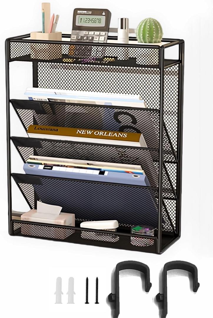 5 Tier Mesh Wall File Organizer,3 Pockets vertical Mount Hanging Organizer with Top/Bottom Tray | 2 Hooks | Wall Mount & Door Hanging for Office Home (Black)
