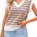 CFLONGE Vests for Women 2025 Trendy Sleeveless Striped Sweater Vest Crochet Knit Cropped Work Tank Top Outfits Y2K Clothes (X-Large, Khaki)