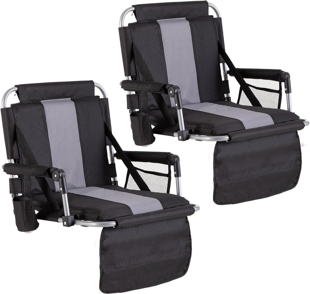 GREEN PARTY Stadium Seat for Bleachers Portable Outdoor Floor Folding Stadium Chair with Armrest, Back Support, Cup Holder, Mesh Bag and Hide Hooks (Black Grey 2)