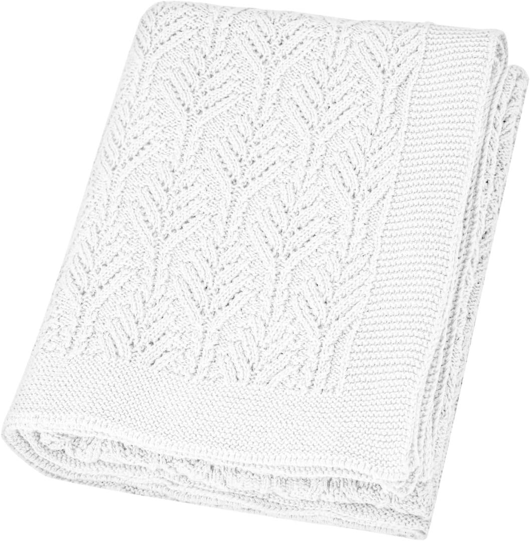 Knitted Baby Blanket White 100% Cotton Crochet Knit Cellular Breathable Soft Baby Blankets for Toddler Newborn Boy Girls 43x35 Inch