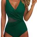 SUUKSESS Women Sexy Mesh Tummy Control One Piece Swimsuit Wrap Push Up Bathing Suit Retro Backless Cut Out Swimwear (Deep Green, S)