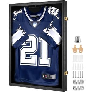 Yaetm Jersey Frame Display Case, Football Jersey Display Case for Wall, Lockable Shadow Box with 98% UV Protection Acrylic and Hanger for Hockey Soccer Basketball Baseball Shirts, Black