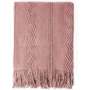 BOURINA Coral Pink Throw Blanket 50 x90 Inches Textured Solid Soft Sofa Throw Bed Runner Knitted Decorative Blanket
