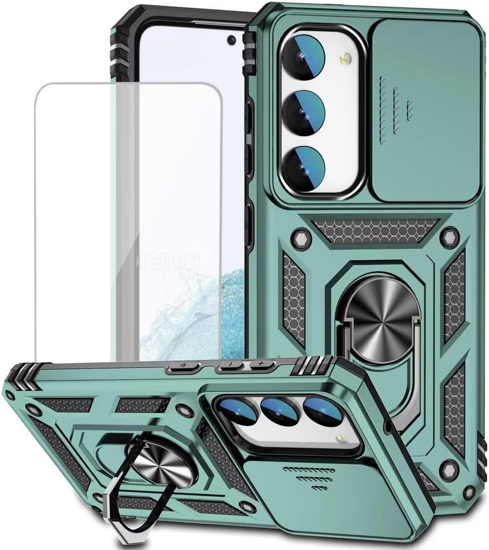 for Galaxy S23 Case, Samsung S23 SM-S911U Case with Tempered Glass Screen Protector and Slide Camera Cover, Magnetic Ring Car Mount Holder Protective Cover for Samsung Galaxy S23 5G Green