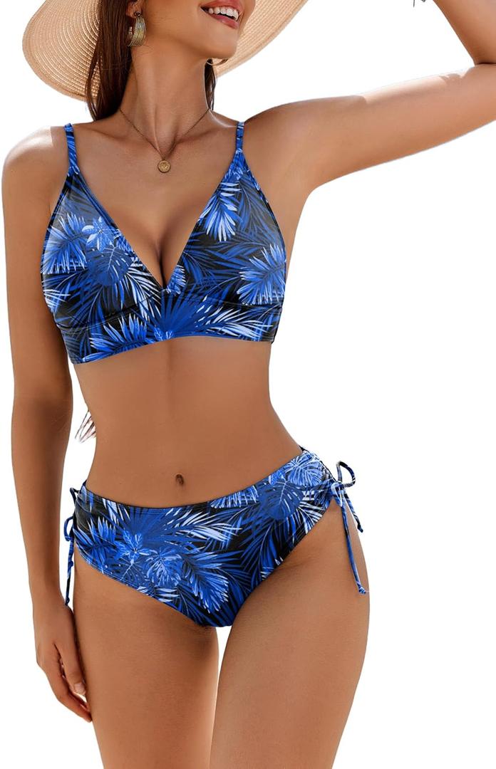AI'MAGE Bikini Set for Women Triangle Floral Print Bikini Set Two Piece Swimsuit V Neck Bathing Suits (X-Large, Tropical Blue)