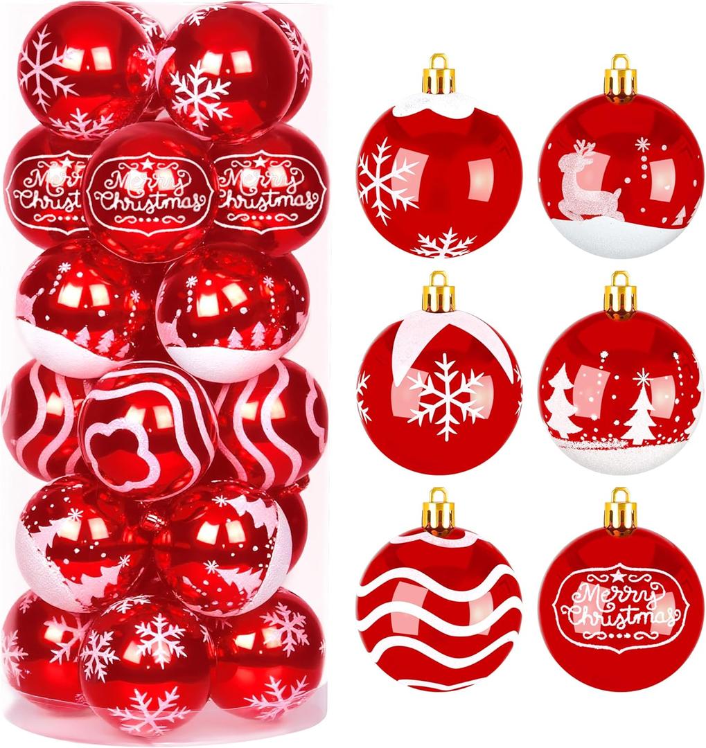Joiedomi 24 Pcs 2.3 Red & White Christmas Ball Ornaments, Shatterproof Plastic Christmas Tree Ornaments, Hanging Decor for Wreath Garland Party Weddings Holidays