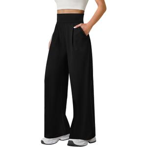 Womens Wide Leg Yoga Pants High Waisted Loose Stretch Lounge Workout Gym Trousers with Pockets (Medium, Black)