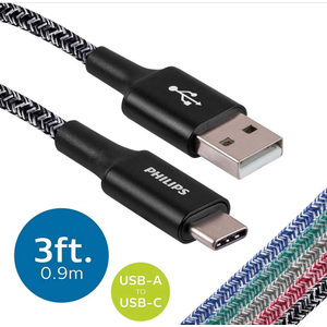 Philips
 
3ft.
 
USB-A
 
to
 
USB-C
 
Cable
 
Braided
 
Charging
 
Cable,
 
Black