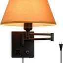 Swing Arm Wall Sconces, Plug-in Wall lamp, Bedroom Wall lamp, White Fabric Shade with dimmable Switch and USB Charging Port, Suitable for Bedside, Living Room, Reading (Black, Gold Shadow)