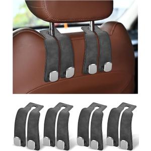 Headrest Hooks for Car, 4 Pack Car Seat Back Organizer Storage Hook, Double Hook Car Seat Hooks for Hanger Purses and Bags, Leather Purse Holder for Car, Grey