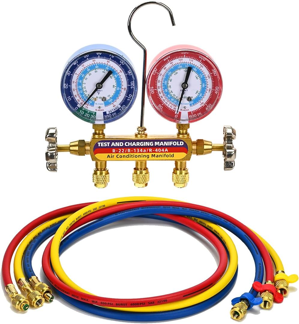 2026 Upgrade 42006 Test and Charge Manifold Set with 3-1/8" (80 mm) Gauge, for R-22/134A/404A, 1/4" to 1/4" Standard Flare Fittings with 72"(6Ft), Hvac Gauges with Colored Label and Hoses Set