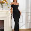 URYIAO Off Shoulder Maxi Dress for Women Ruched Bodycon Formal Wedding Guest Long Dresses (Black, S)