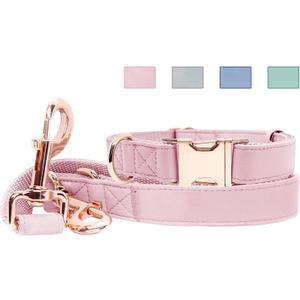 Soft Leather Dog Collar and Leash (6.6') Set - Stylish Rose Gold Heavy Duty Metal Buckle, 4 Adjustable Lengths Leash for Medium Dogs - Comfortable & Easy to Clean Pink M(13.8"-19.7")