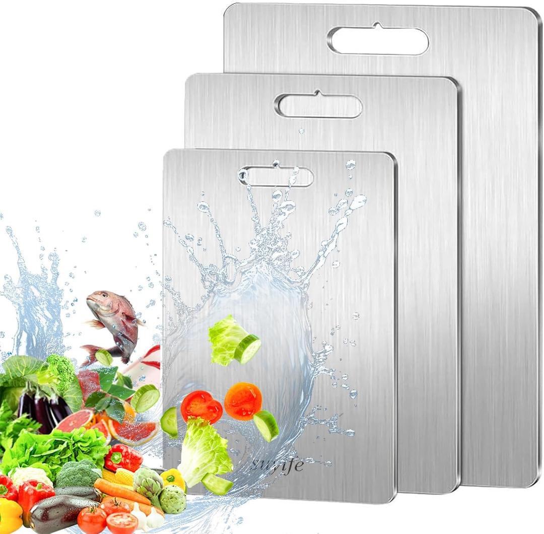 suyife Titanium Cutting Board, 304 Stainless Steel Cutting Board, 2024 Upgrade Double Sided Food-Grade Titanium Board, 1.5MM Thick Titanium Cutting Board for Home Kitchen Cooking (3 Pack)